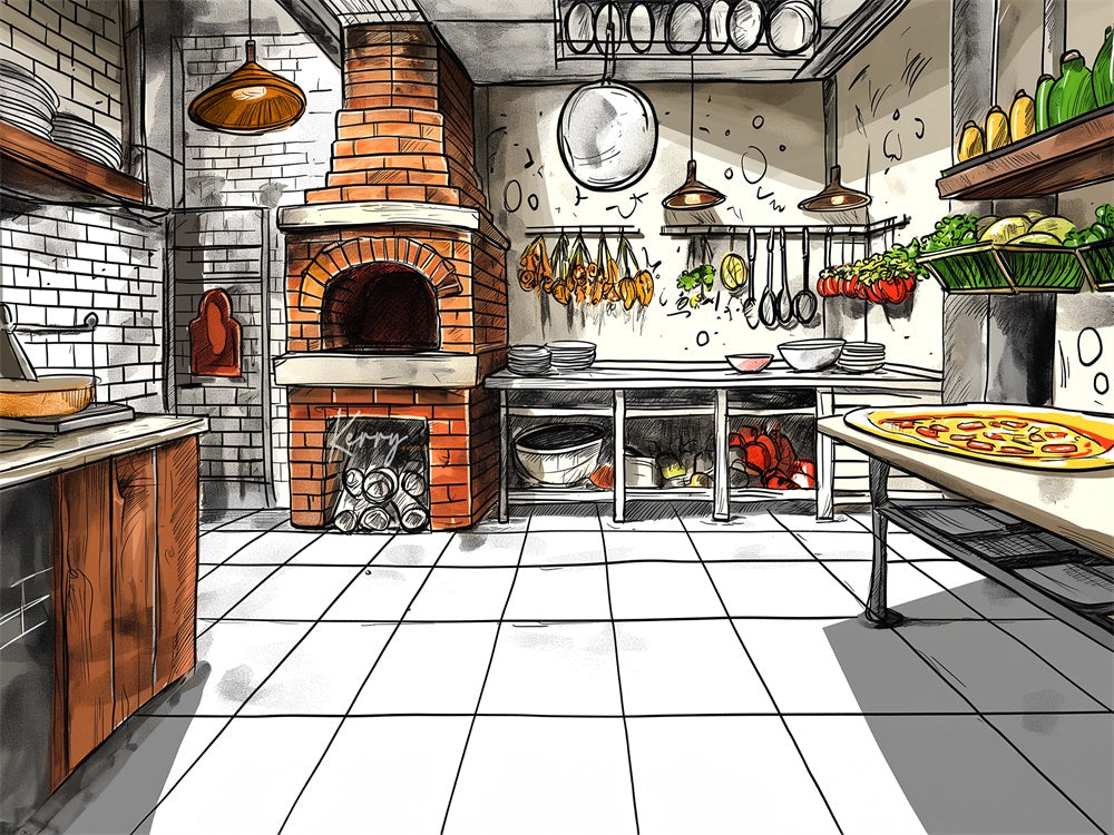 GROUPE VIP - Kate Restaurant de Pizza Peinture abstraite Toile de fond conçue par Kerry Anderson - Kate Backdrop FR