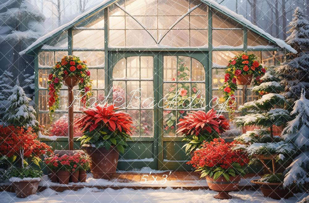 Kate Hiver Fleurs Rouge Serre Jardin Neige Toile de fond conçue par GQ - Kate Backdrop FR