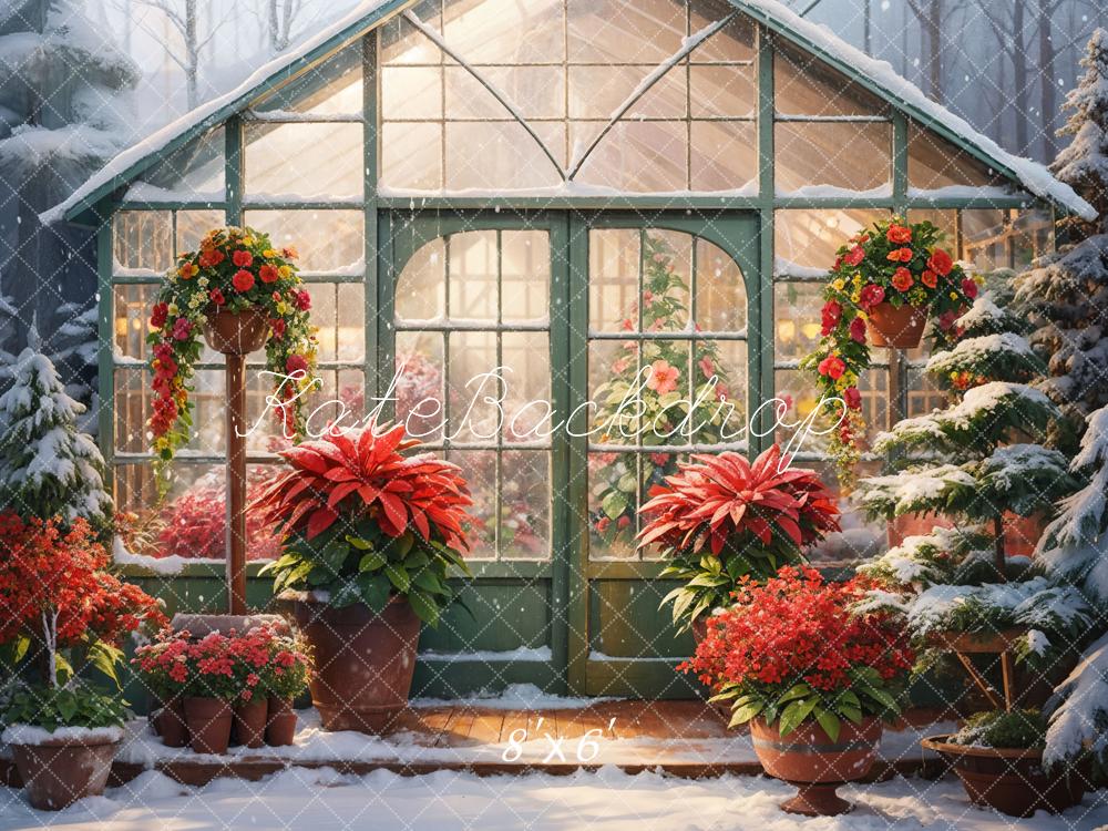 Kate Hiver Fleurs Rouge Serre Jardin Neige Toile de fond conçue par GQ - Kate Backdrop FR