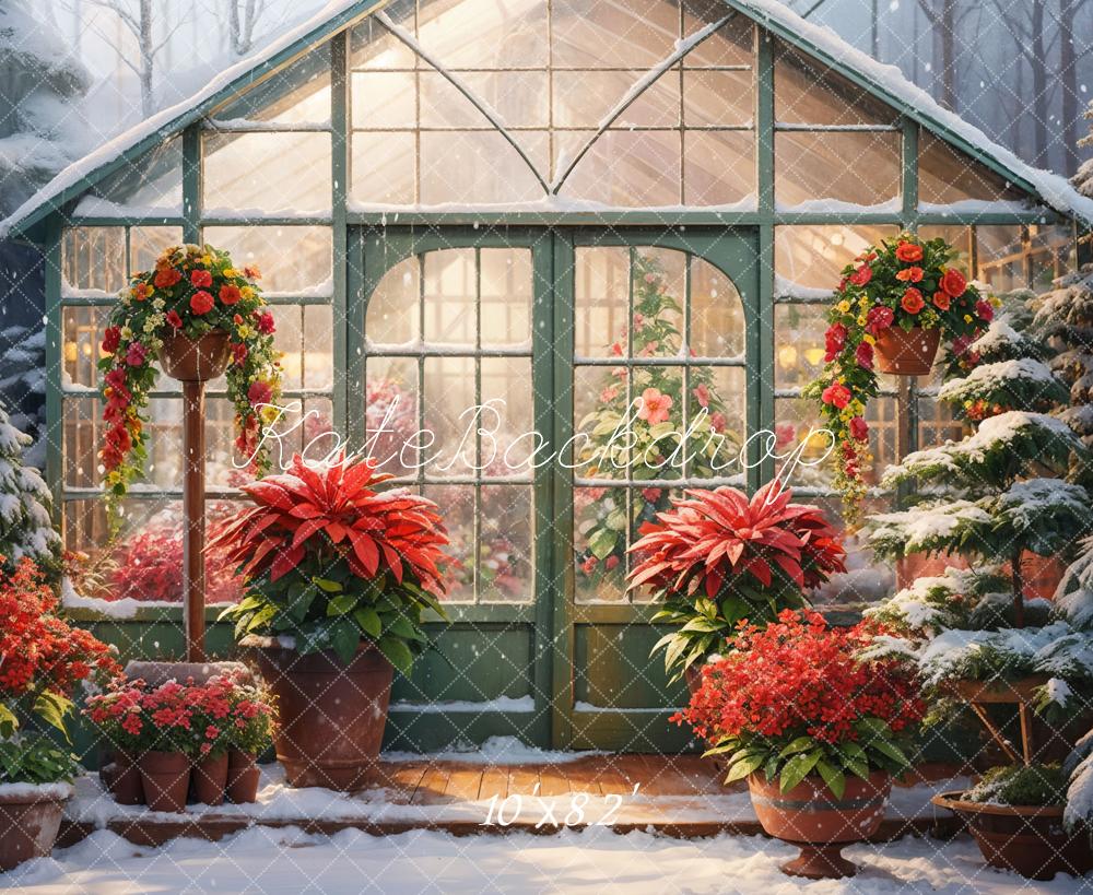 Kate Hiver Fleurs Rouge Serre Jardin Neige Toile de fond conçue par GQ - Kate Backdrop FR