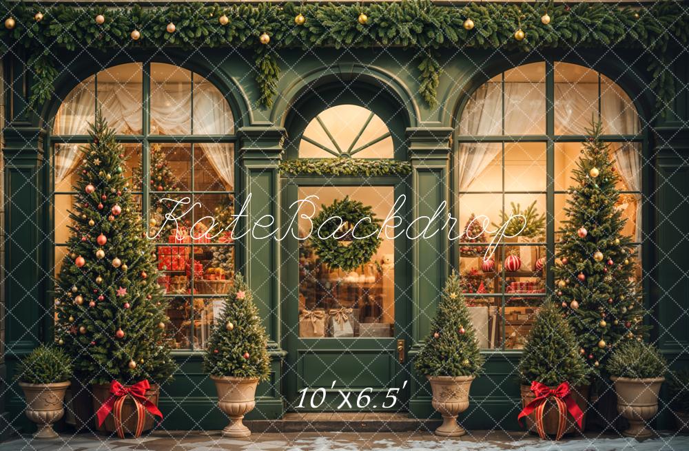 Kate Rétro Vert foncé Noël Boutique de cadeaux Toile de fond conçue par Emetselch - Kate Backdrop FR