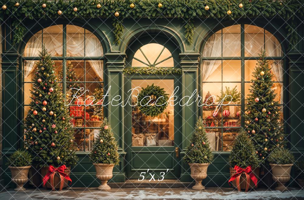Kate Rétro Vert foncé Noël Boutique de cadeaux Toile de fond conçue par Emetselch - Kate Backdrop FR
