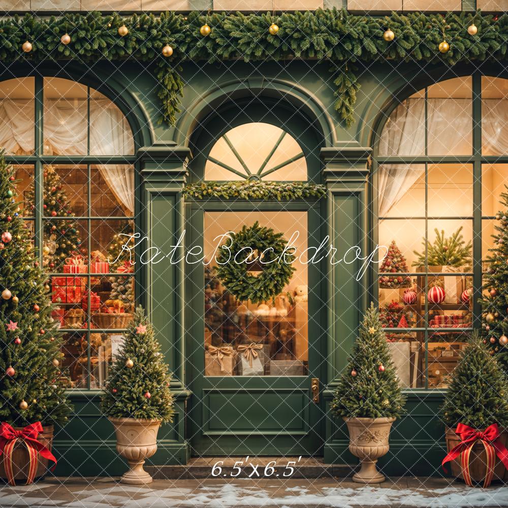 Kate Rétro Vert foncé Noël Boutique de cadeaux Toile de fond conçue par Emetselch - Kate Backdrop FR