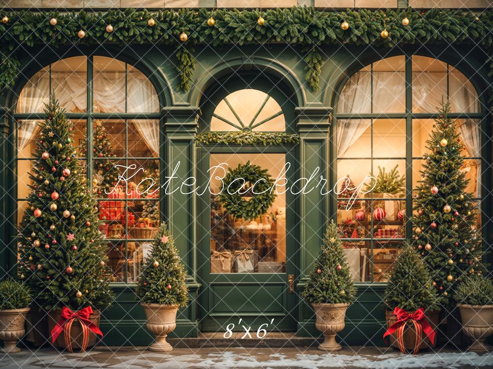 Kate Rétro Vert foncé Noël Boutique de cadeaux Toile de fond conçue par Emetselch - Kate Backdrop FR