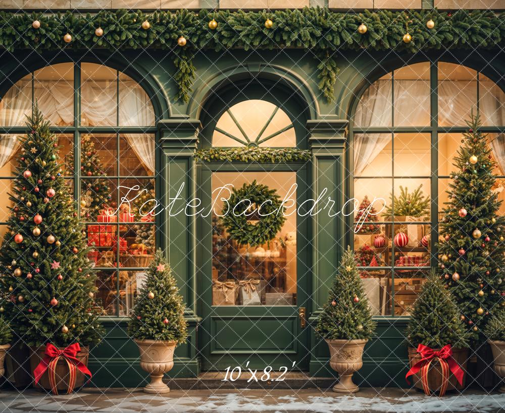 Kate Rétro Vert foncé Noël Boutique de cadeaux Toile de fond conçue par Emetselch - Kate Backdrop FR