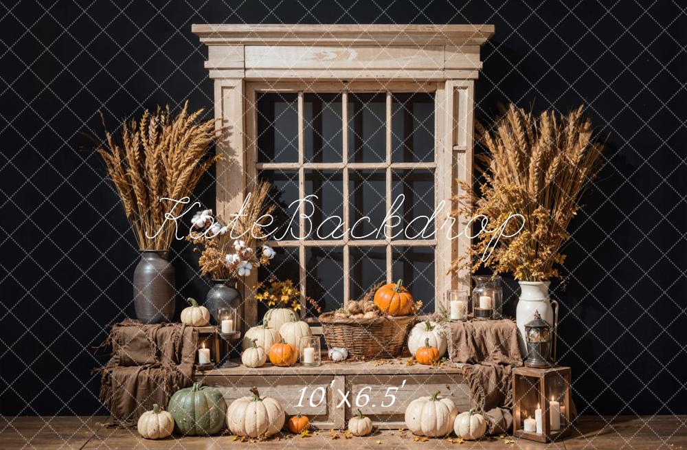 Kate Automne Citrouille Coton Brun Fenêtre Mur noir Toile de fond conçue par Emetselch - Kate Backdrop FR