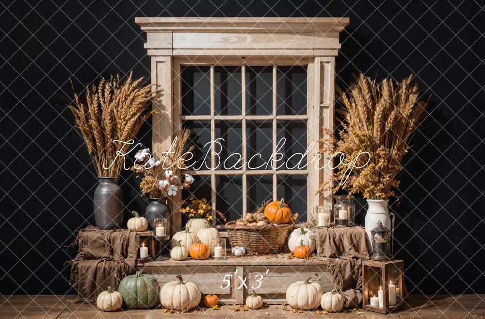 Kate Automne Citrouille Coton Brun Fenêtre Mur noir Toile de fond conçue par Emetselch - Kate Backdrop FR