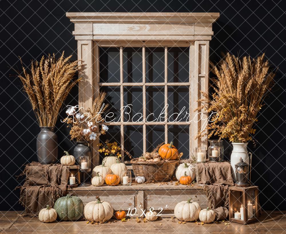 Kate Automne Citrouille Coton Brun Fenêtre Mur noir Toile de fond conçue par Emetselch - Kate Backdrop FR