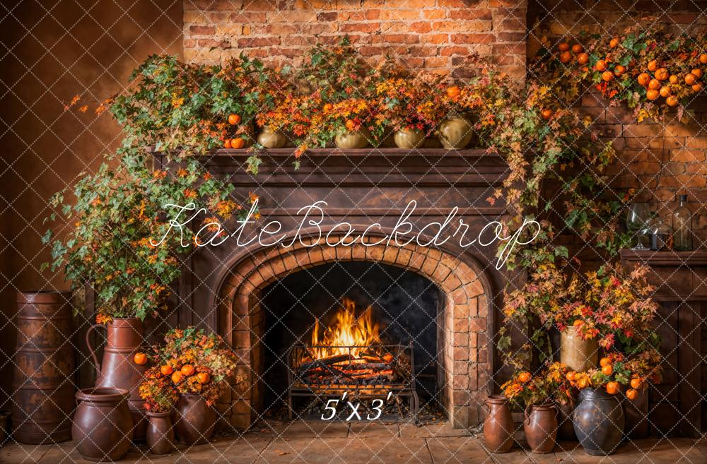 Kate Automne Marron foncé Cheminée Mur de briques Toile de fond conçue par Emetselch - Kate Backdrop FR