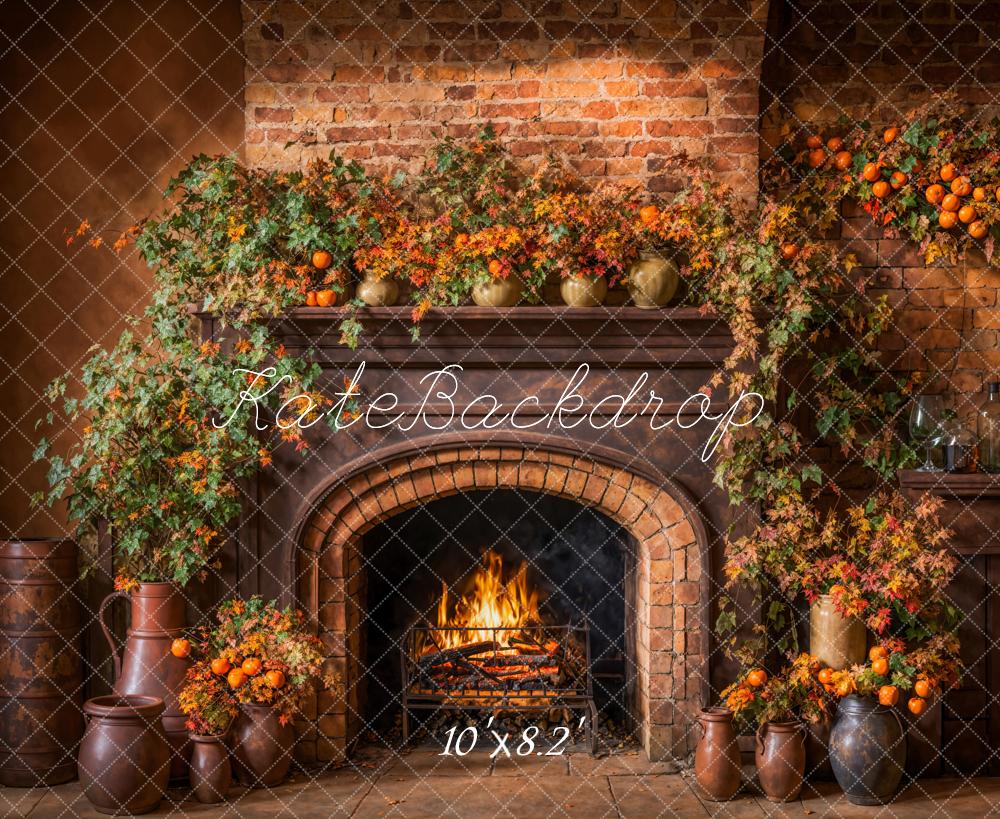 Kate Automne Marron foncé Cheminée Mur de briques Toile de fond conçue par Emetselch - Kate Backdrop FR
