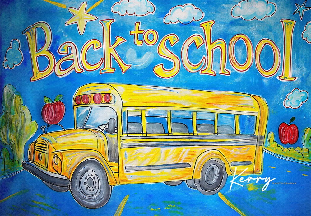 GROUPE VIP - Kate Retour à l'école Bus scolaire Dessin animé Toile de fond conçue par Kerry Anderson - Kate Backdrop FR