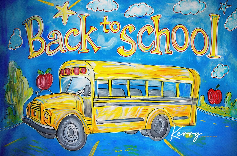 GROUPE VIP - Kate Retour à l'école Bus scolaire Dessin animé Toile de fond conçue par Kerry Anderson - Kate Backdrop FR