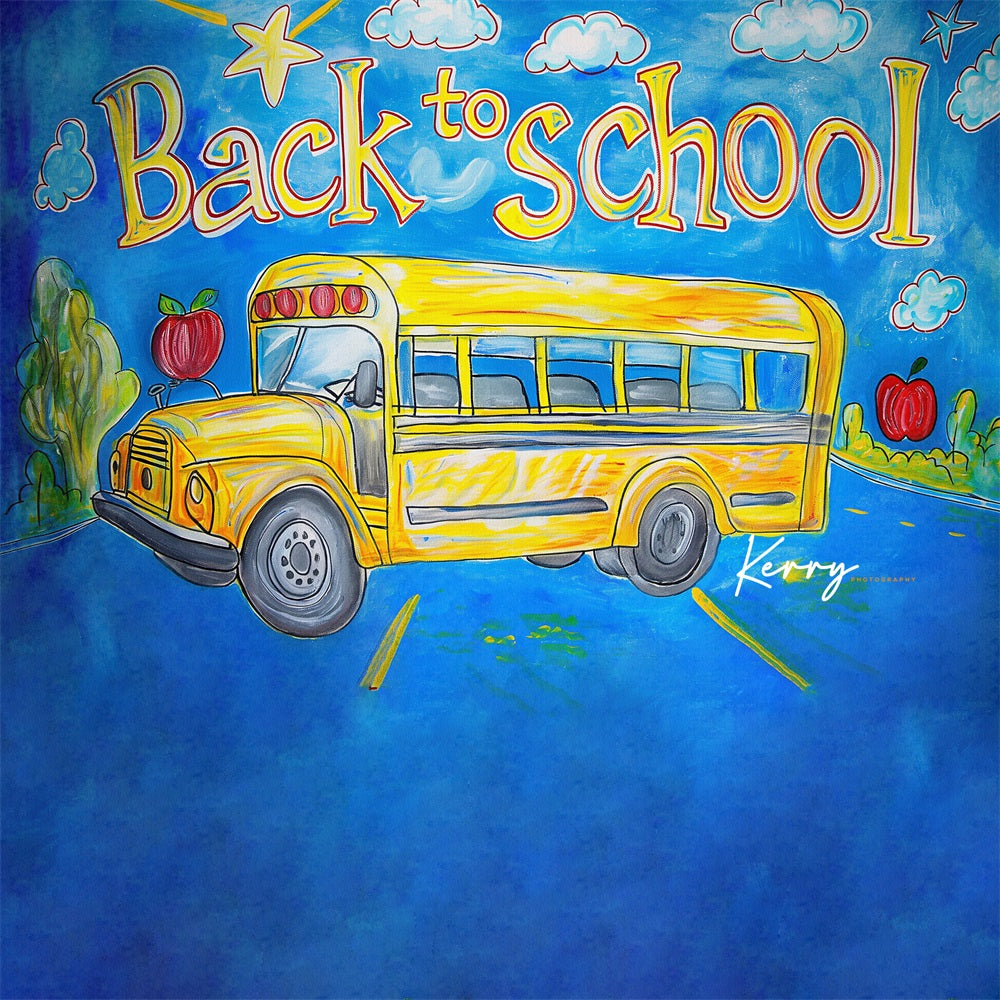 GROUPE VIP - Kate Retour à l'école Bus scolaire Dessin animé Toile de fond conçue par Kerry Anderson - Kate Backdrop FR