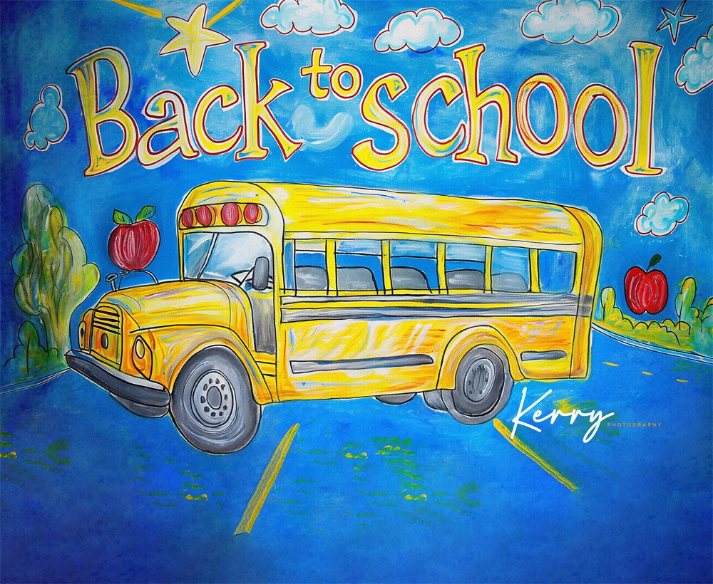 GROUPE VIP - Kate Retour à l'école Bus scolaire Dessin animé Toile de fond conçue par Kerry Anderson - Kate Backdrop FR