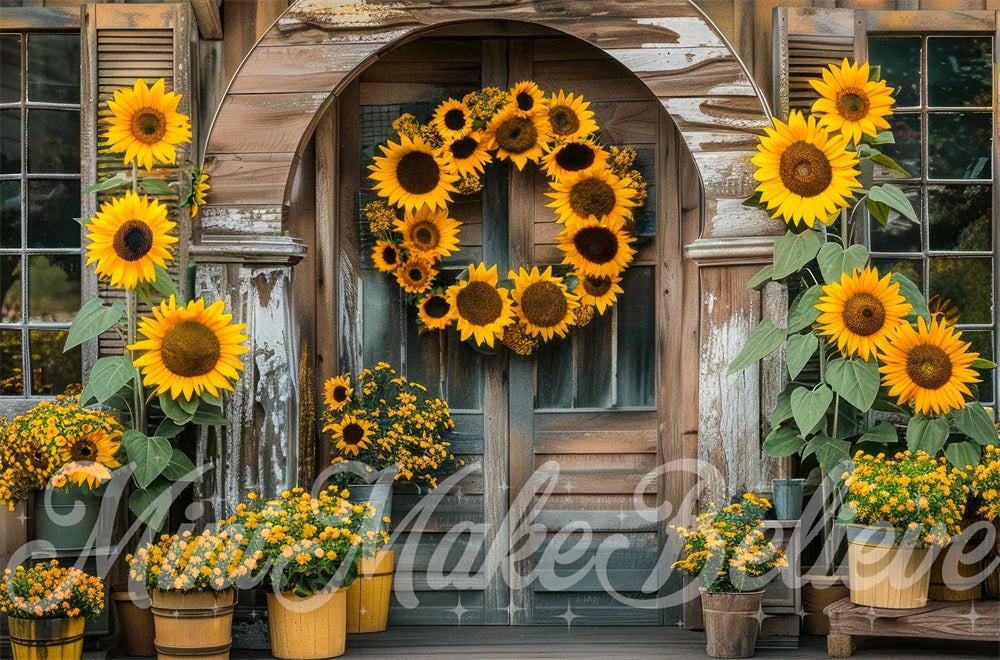 Kate Automne Tournesol Porche Maison en bois Toile de fond conçue par Mini MakeBelieve - Kate Backdrop FR