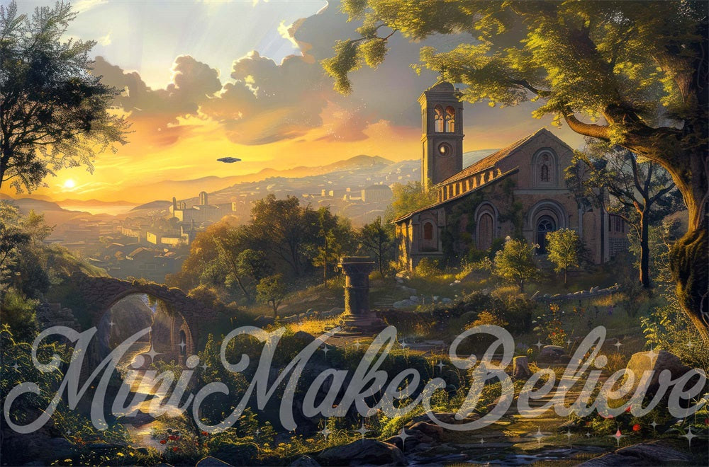 Kate Beaux-Arts OVNI Ville Bâtiment Soleil Toile de fond conçue par Mini MakeBelieve - Kate Backdrop FR