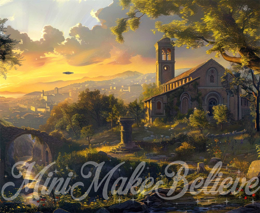 Kate Beaux-Arts OVNI Ville Bâtiment Soleil Toile de fond conçue par Mini MakeBelieve - Kate Backdrop FR