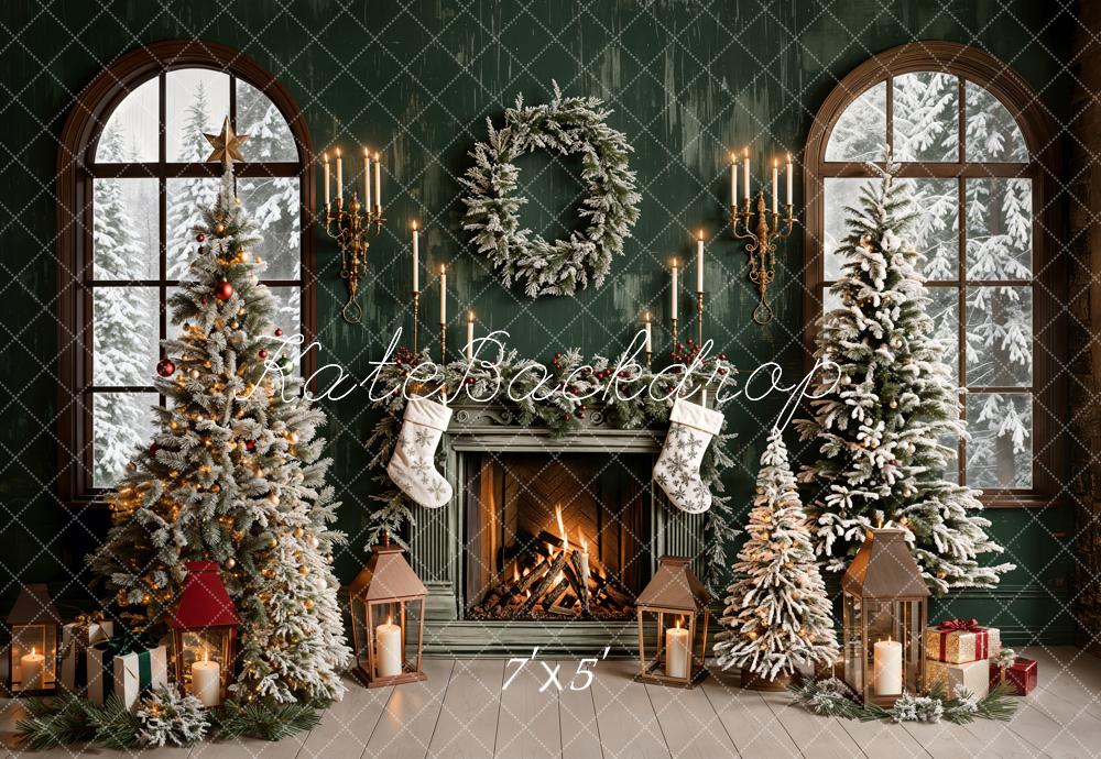 Kate Sapin de Noël Vert Rétro Cheminée Fenêtre Toile de fond conçue par Emetselch - Kate Backdrop FR
