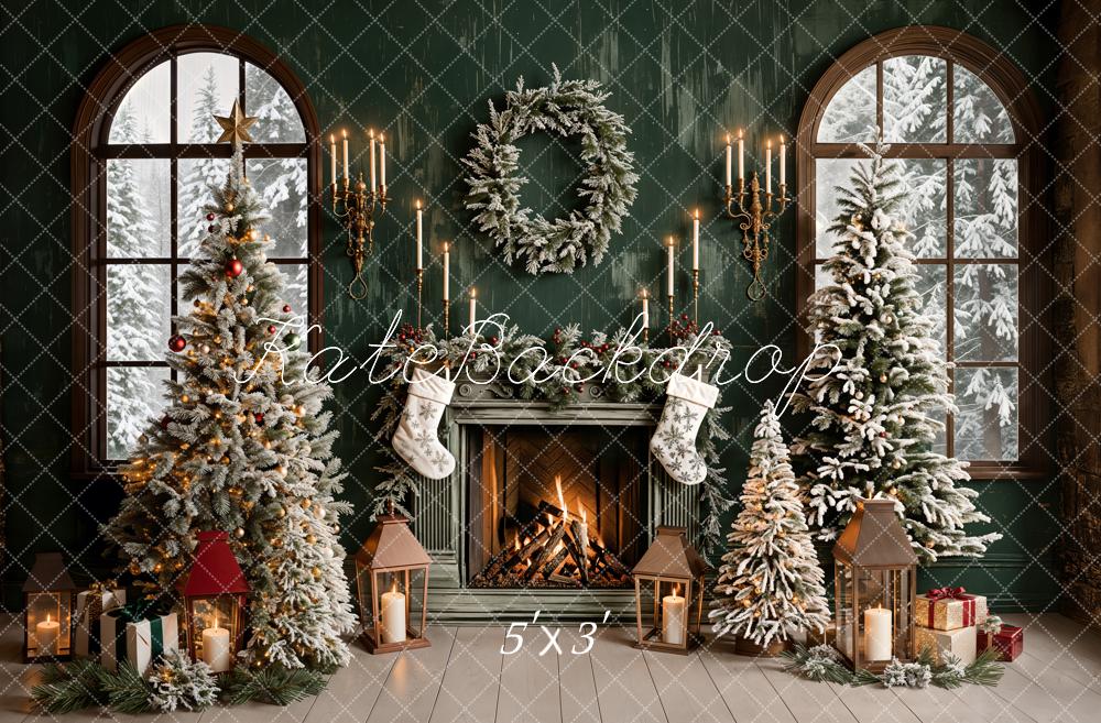 Kate Sapin de Noël Vert Rétro Cheminée Fenêtre Toile de fond conçue par Emetselch - Kate Backdrop FR