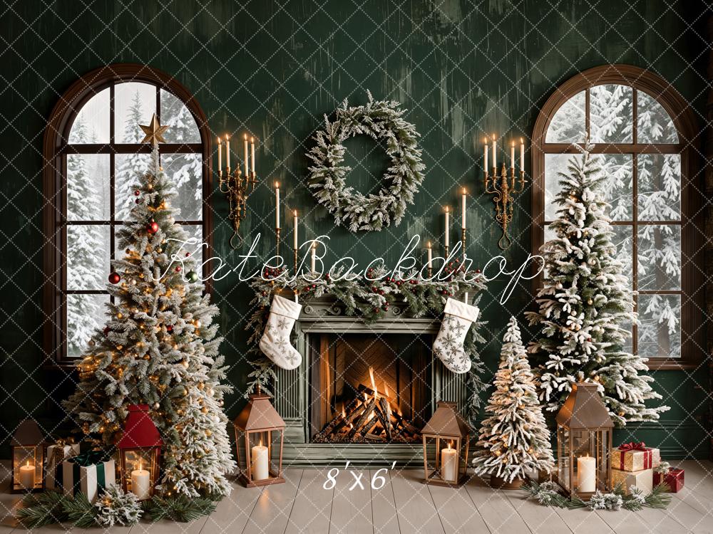 Kate Sapin de Noël Vert Rétro Cheminée Fenêtre Toile de fond conçue par Emetselch