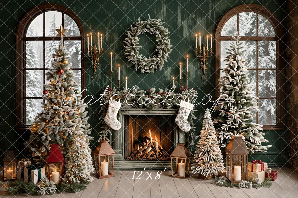 Kate Sapin de Noël Vert Rétro Cheminée Fenêtre Toile de fond conçue par Emetselch - Kate Backdrop FR
