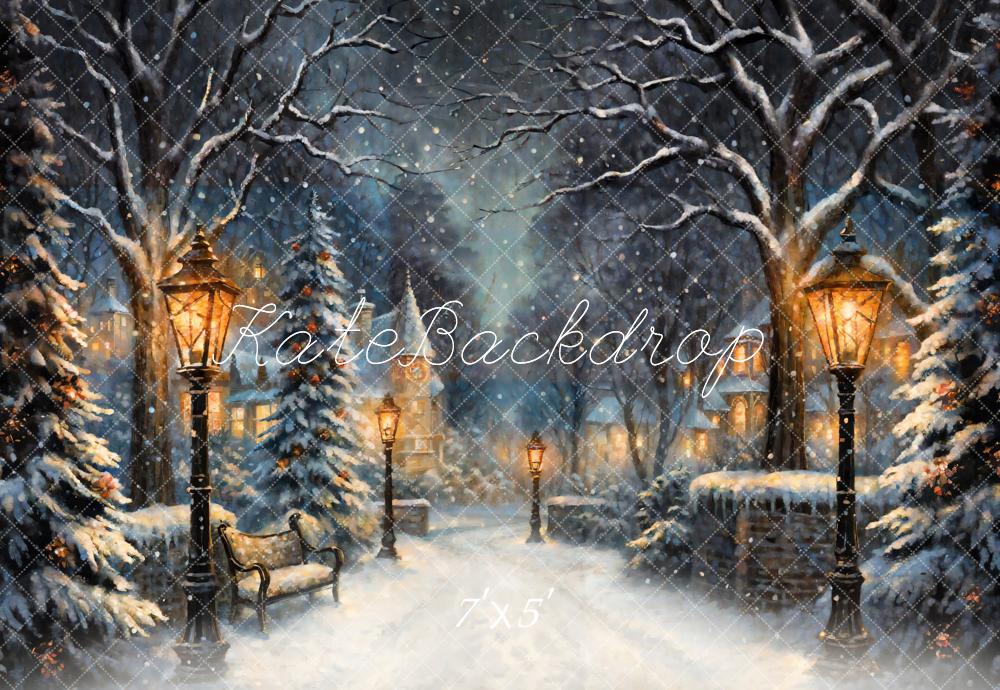 Kate Noël Nuit Rue Lampadaire Neige Toile de fond conçue par GQ - Kate Backdrop FR
