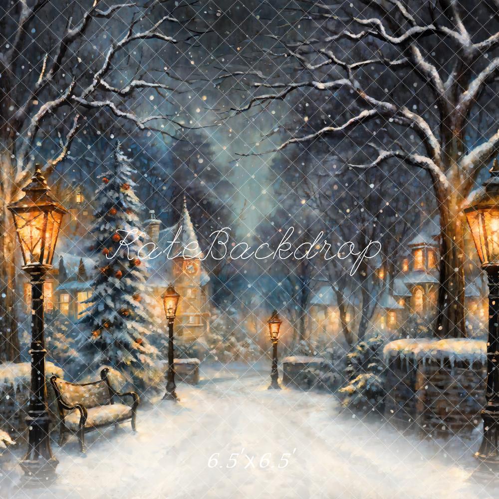 Kate Noël Nuit Rue Lampadaire Neige Toile de fond conçue par GQ - Kate Backdrop FR