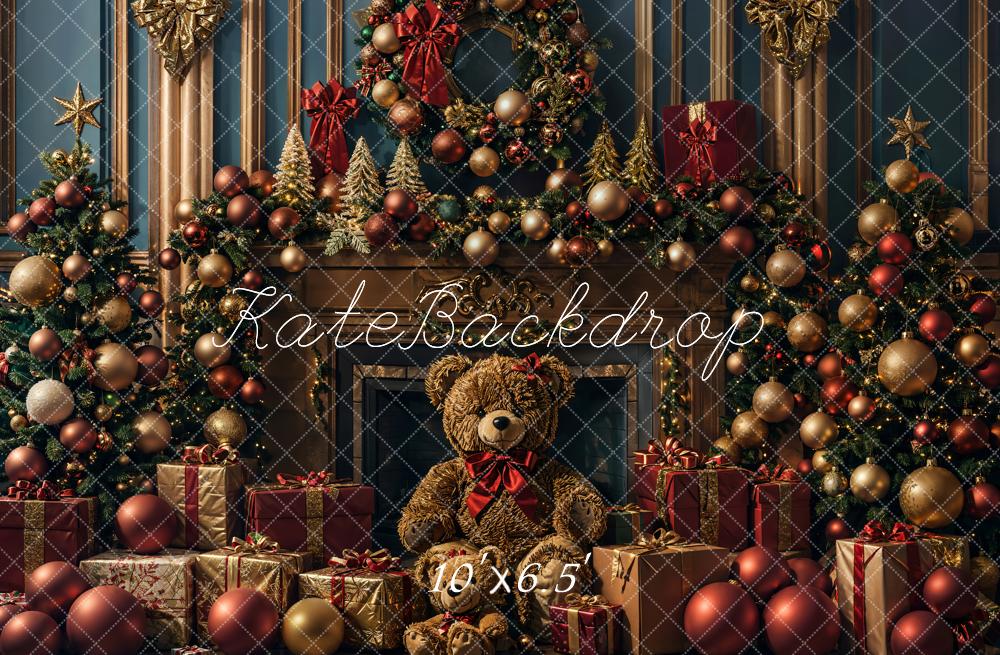 Kate Noël Ours en peluche Doré foncé Cheminée Toile de fond conçue par Emetselch - Kate Backdrop FR