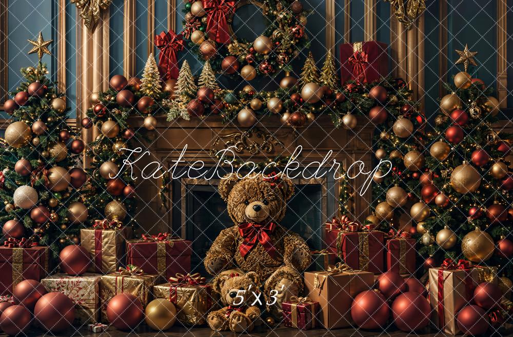 Kate Noël Ours en peluche Doré foncé Cheminée Toile de fond conçue par Emetselch - Kate Backdrop FR