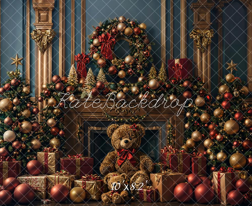Kate Noël Ours en peluche Doré foncé Cheminée Toile de fond conçue par Emetselch - Kate Backdrop FR