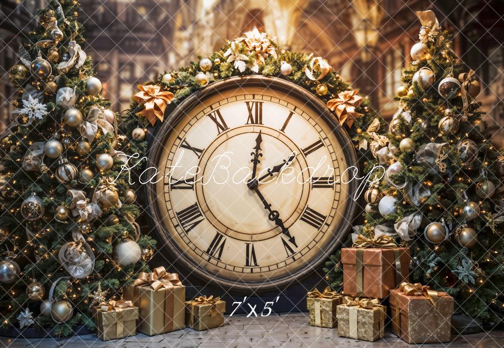 GROUPE VIP - Kate Rétro Noël Grande horloge Cadeaux Doré Toile de fond conçue par Emetselch - Kate Backdrop FR