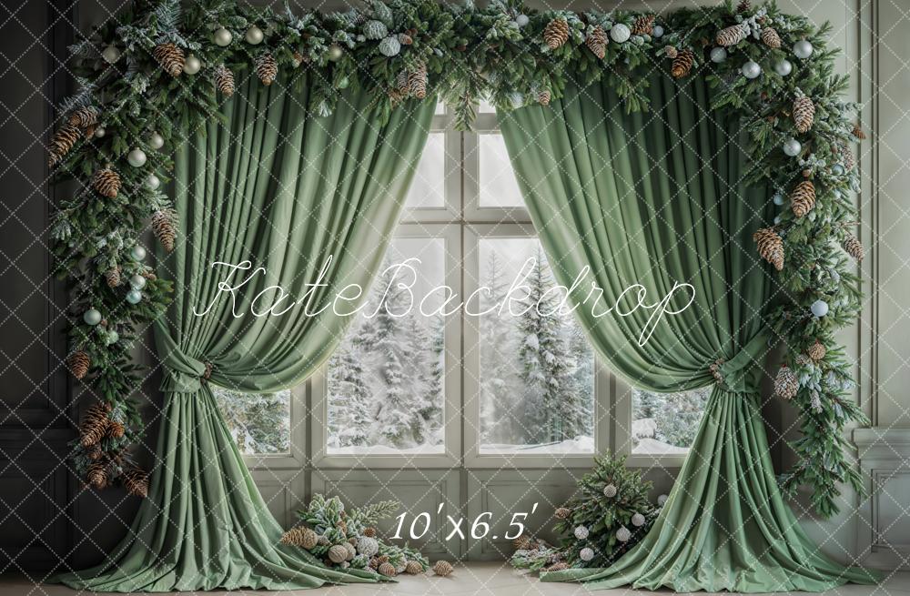 GROUPE VIP - Kate Hiver Noël Rideau Vert Fenêtre Intérieur Toile de fond conçue par Emetselch - Kate Backdrop FR