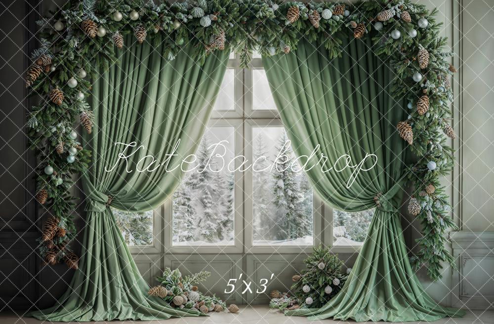 GROUPE VIP - Kate Hiver Noël Rideau Vert Fenêtre Intérieur Toile de fond conçue par Emetselch - Kate Backdrop FR