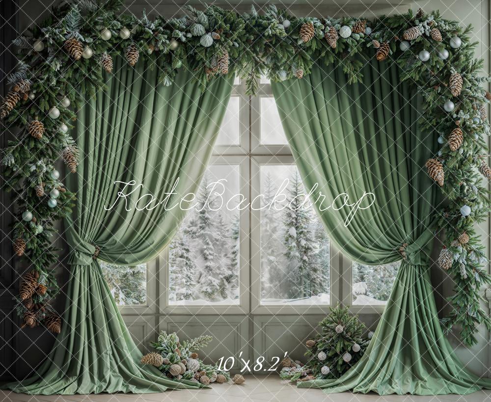 GROUPE VIP - Kate Hiver Noël Rideau Vert Fenêtre Intérieur Toile de fond conçue par Emetselch - Kate Backdrop FR