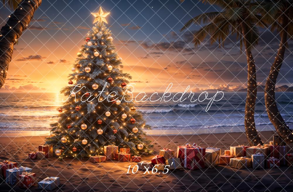 Kate Sapin de Noël Mer Plage Coucher de soleil Toile de fond conçue par Emetselch - Kate Backdrop FR