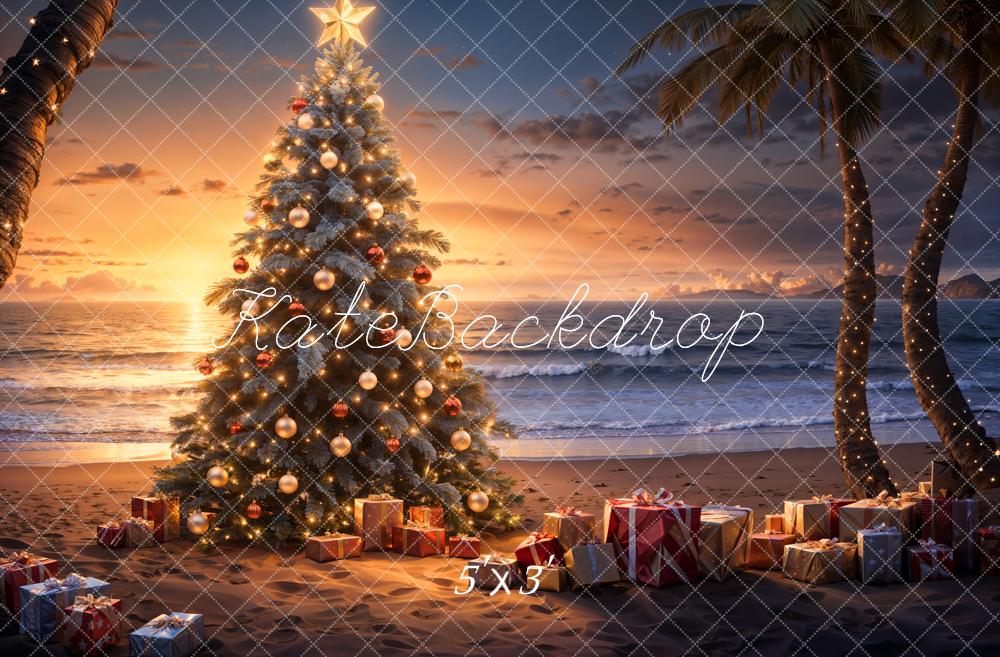 Kate Sapin de Noël Mer Plage Coucher de soleil Toile de fond conçue par Emetselch - Kate Backdrop FR
