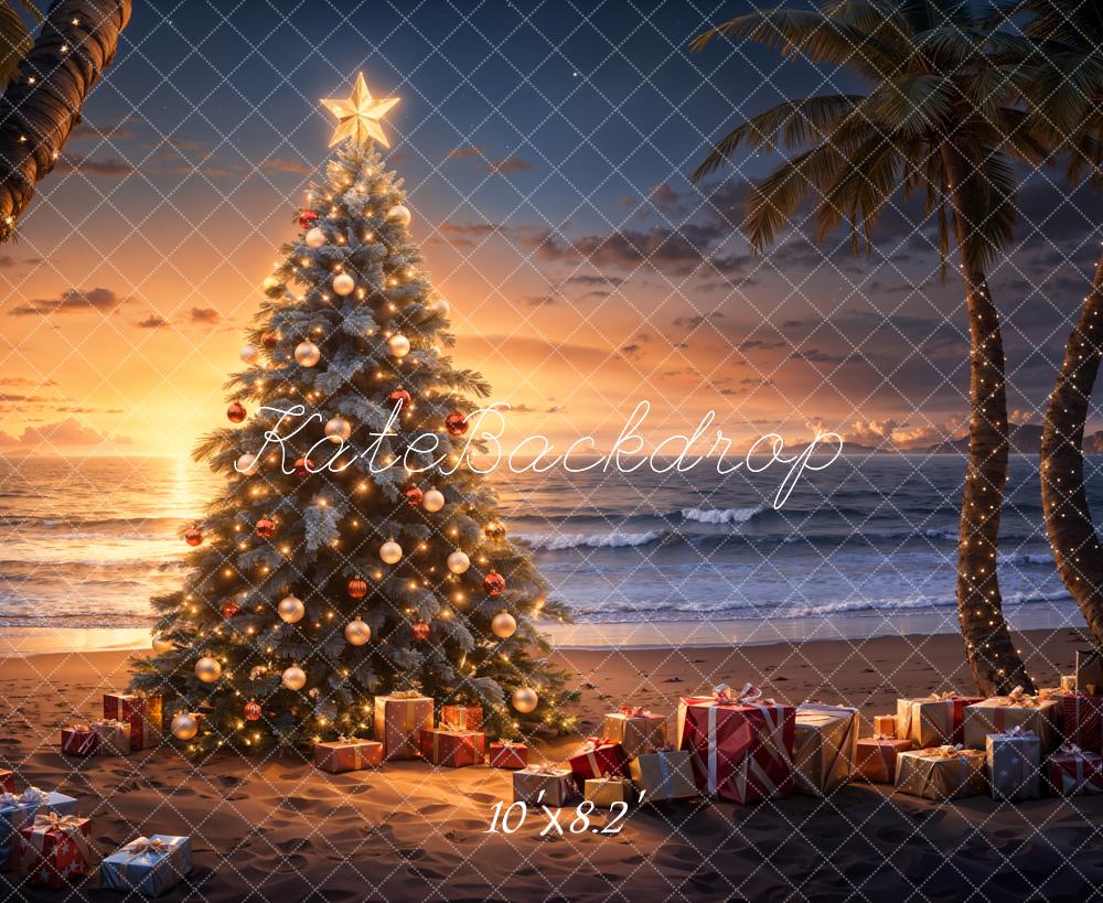 Kate Sapin de Noël Mer Plage Coucher de soleil Toile de fond conçue par Emetselch - Kate Backdrop FR