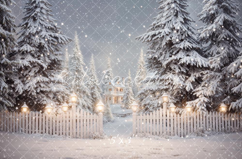 Kate Hiver Noël Forêt Blanc Clôture Maison Toile de fond conçue par Emetselch - Kate Backdrop FR