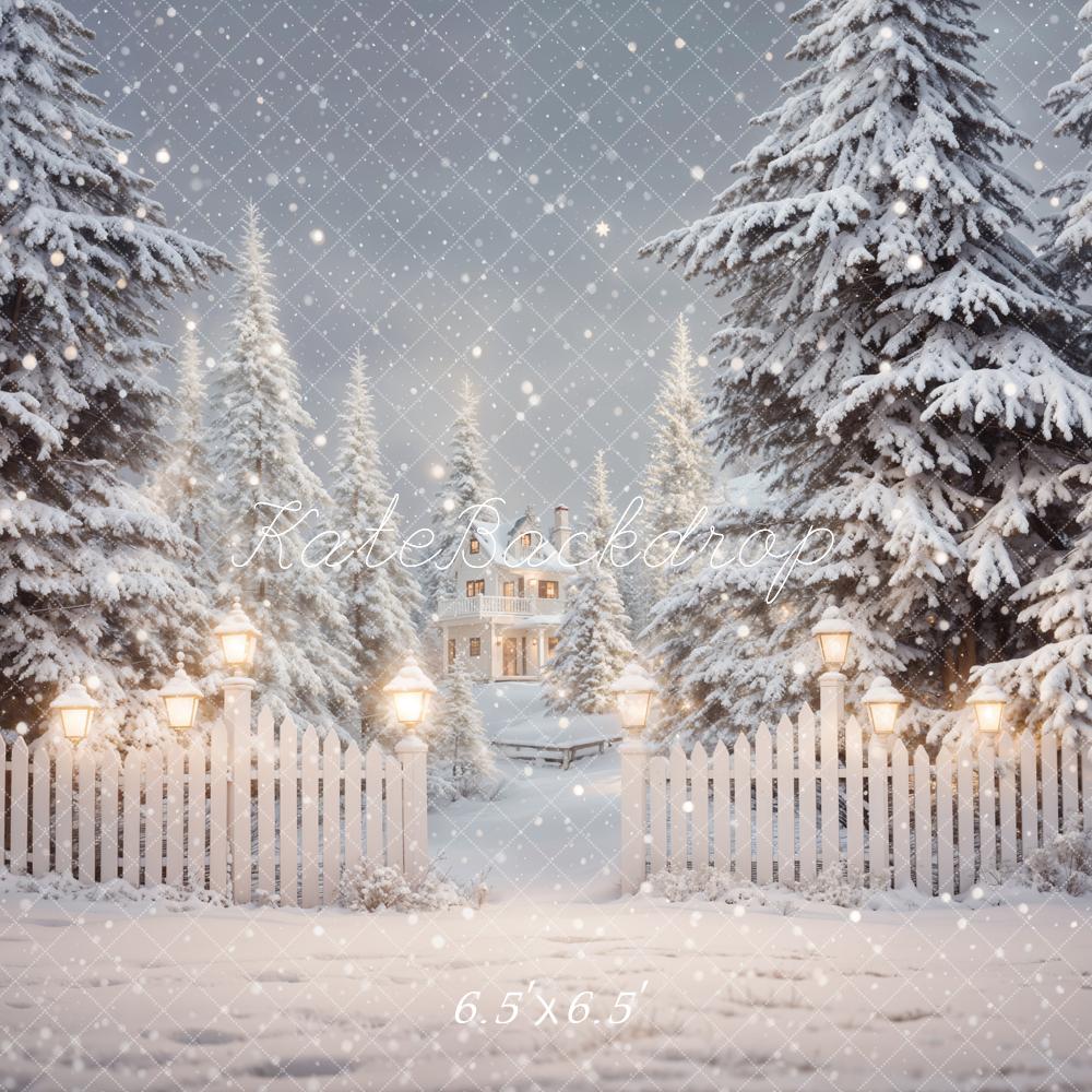 Kate Hiver Noël Forêt Blanc Clôture Maison Toile de fond conçue par Emetselch - Kate Backdrop FR