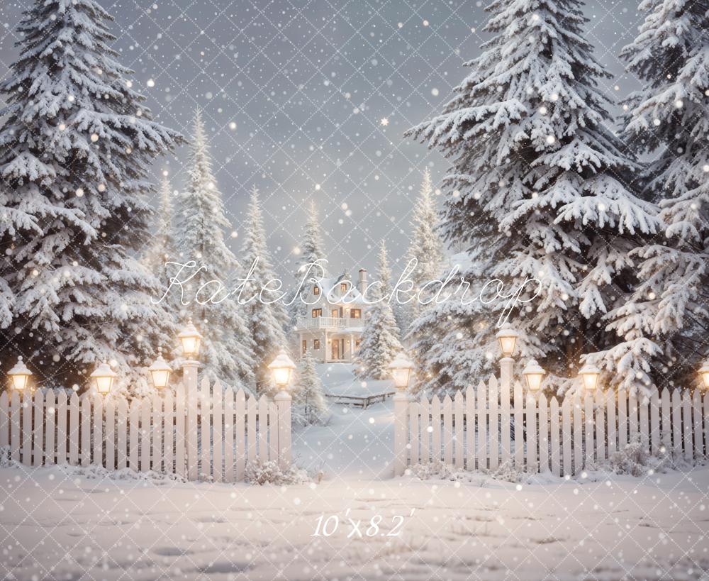 Kate Hiver Noël Forêt Blanc Clôture Maison Toile de fond conçue par Emetselch - Kate Backdrop FR