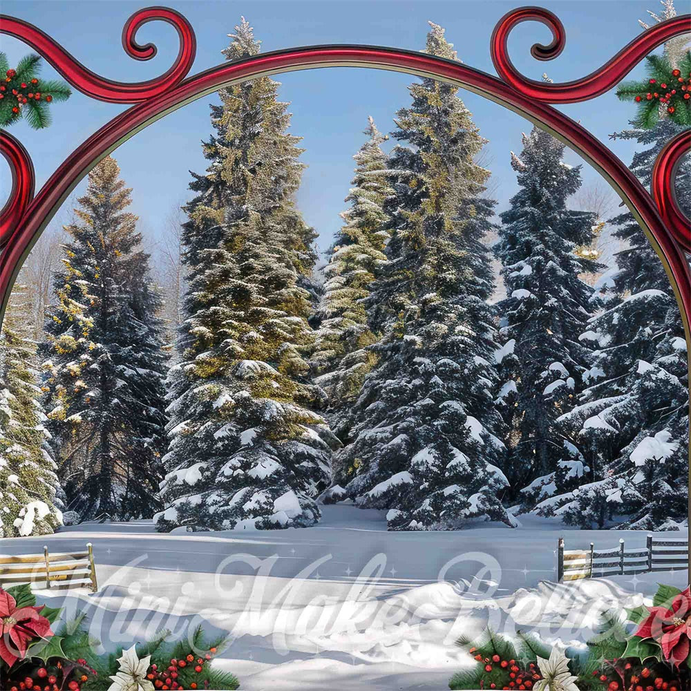 Kate Noël Orné Porte Rouge Hiver Neige Forêt Toile de fond conçue par Mini MakeBelieve - Kate Backdrop FR
