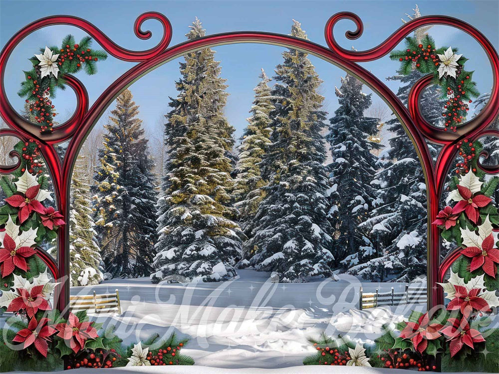 Kate Noël Orné Porte Rouge Hiver Neige Forêt Toile de fond conçue par Mini MakeBelieve - Kate Backdrop FR