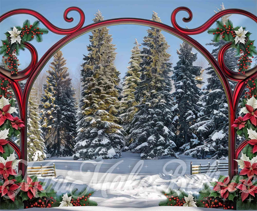 Kate Noël Orné Porte Rouge Hiver Neige Forêt Toile de fond conçue par Mini MakeBelieve - Kate Backdrop FR