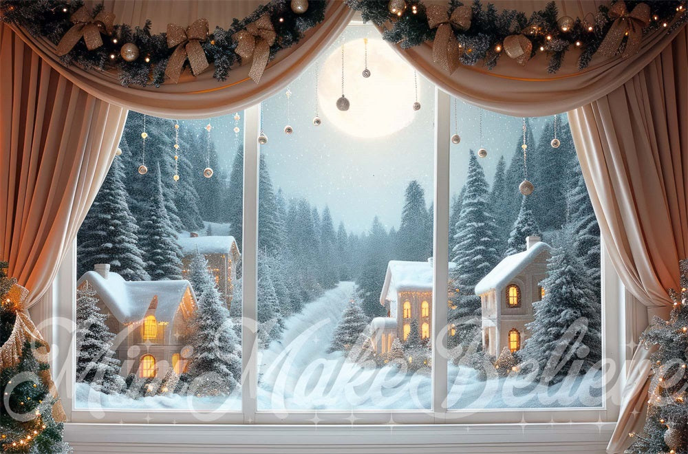 Kate Noël Intérieur Fenêtre Hiver Lune Forêt Toile de fond conçue par Mini MakeBelieve - Kate Backdrop FR