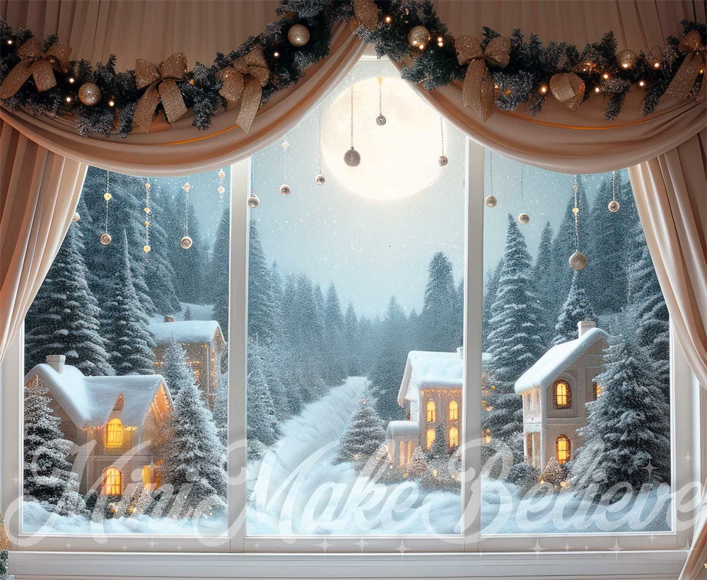 Kate Noël Intérieur Fenêtre Hiver Lune Forêt Toile de fond conçue par Mini MakeBelieve - Kate Backdrop FR