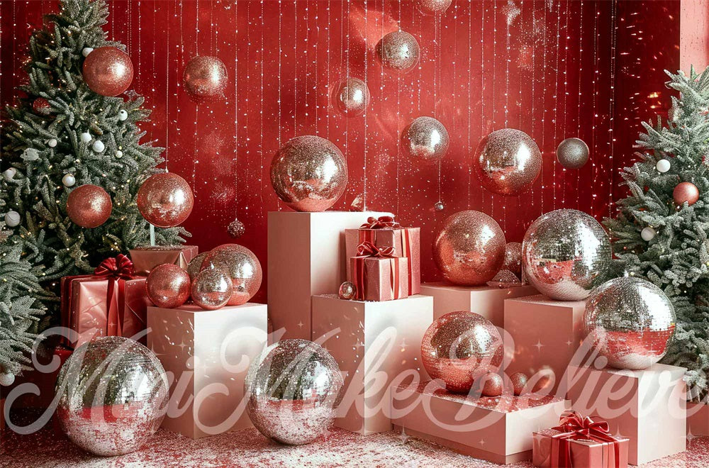 Kate Disco Noël Rétro Décor Argent Mur rouge Toile de fond conçue par Mini MakeBelieve - Kate Backdrop FR