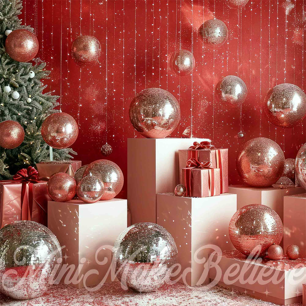 Kate Disco Noël Rétro Décor Argent Mur rouge Toile de fond conçue par Mini MakeBelieve - Kate Backdrop FR