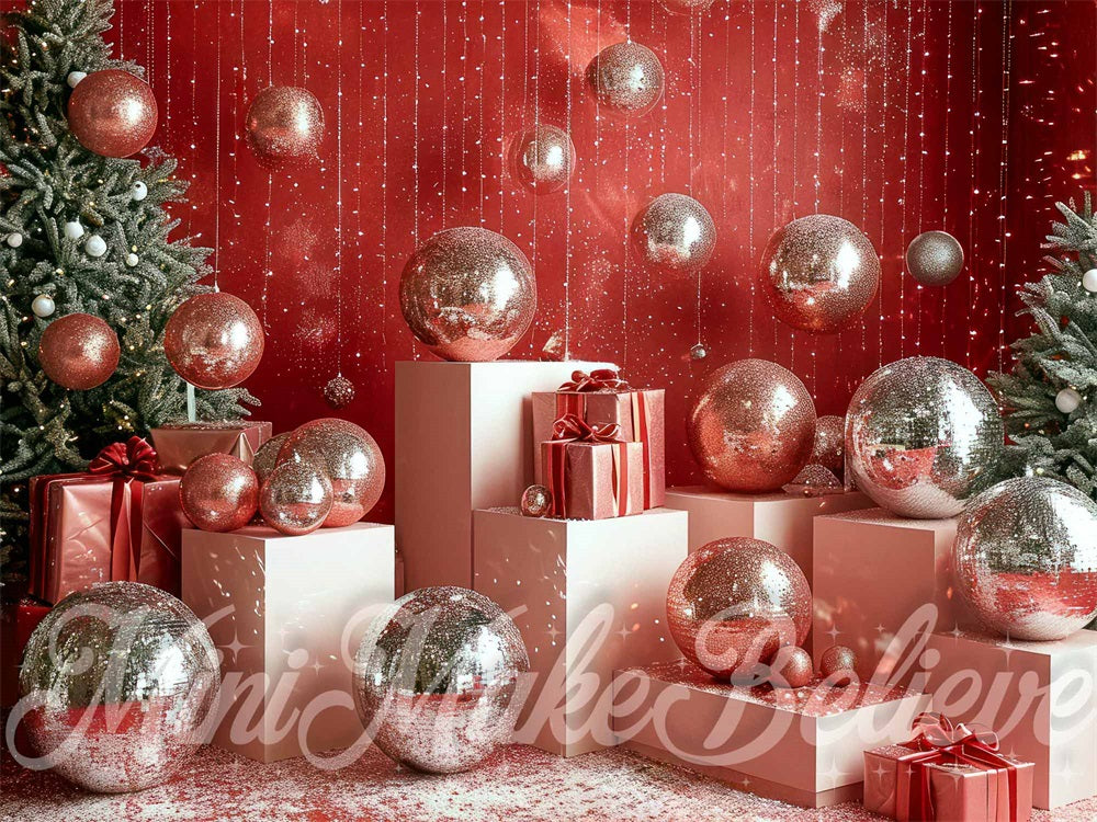 Kate Disco Noël Rétro Décor Argent Mur rouge Toile de fond conçue par Mini MakeBelieve - Kate Backdrop FR