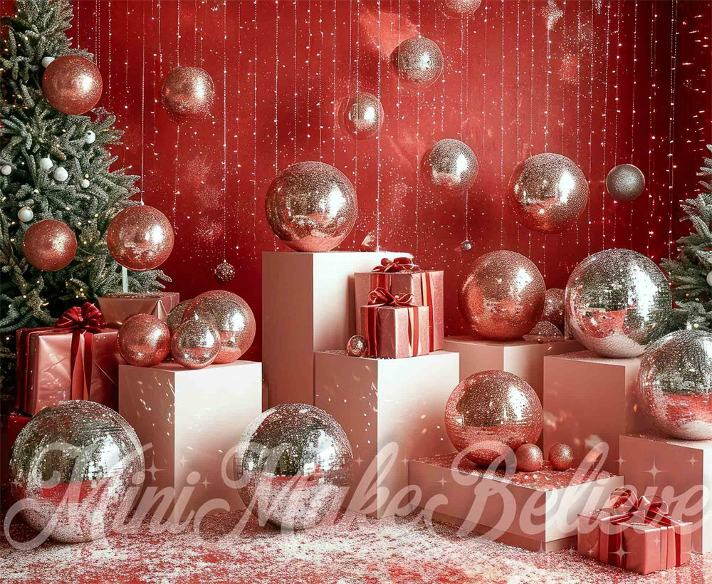 Kate Disco Noël Rétro Décor Argent Mur rouge Toile de fond conçue par Mini MakeBelieve - Kate Backdrop FR
