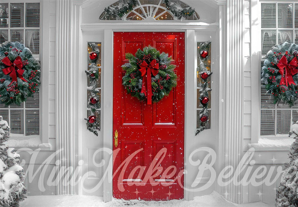 Kate Noël Extérieur Neige Porte rouge Hiver Toile de fond conçue par Mini MakeBelieve - Kate Backdrop FR